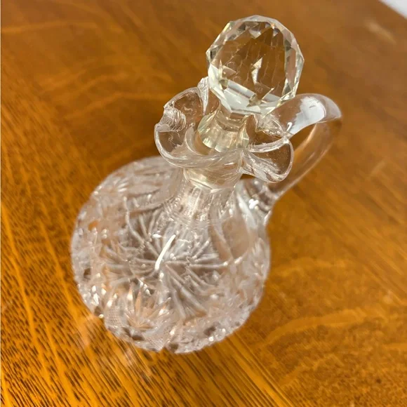 Antique Cut Glass Cruet with Handle & Stopper Etched Glass Decor Delicate Chip - Picture 6 of 14